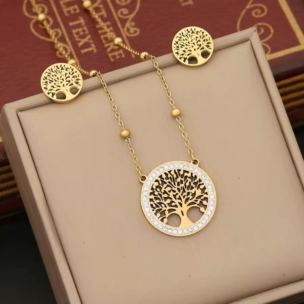 Tree Of Life Golden Necklace Earrings Set With Zirconia. Stainless Steel